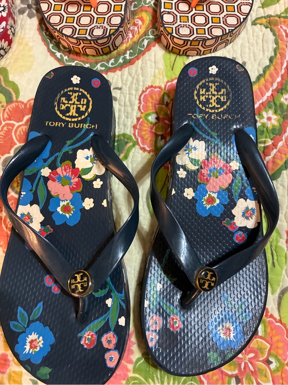 Tory Burrch Floral Logo Thong Sandals with Gold Medallion. 4 pair